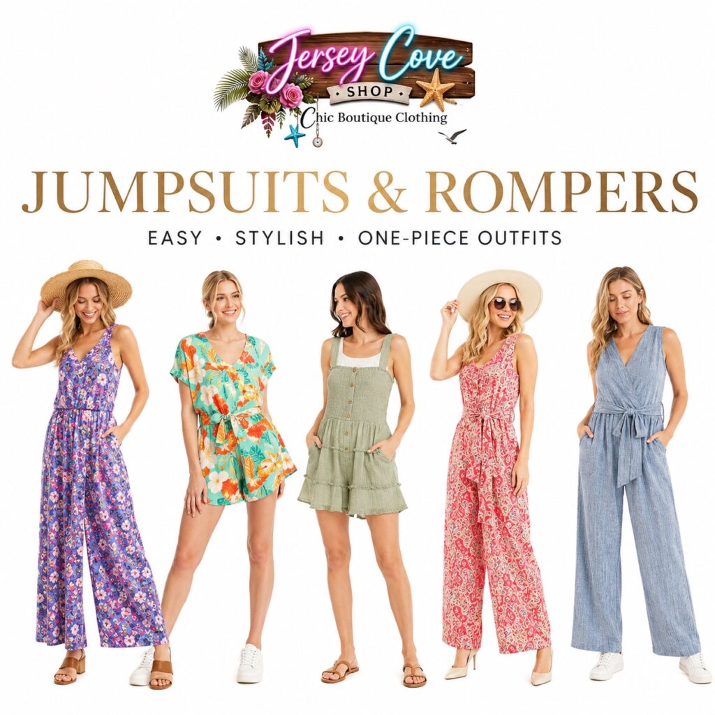 Women’s casual rompers in coastal boutique colors on a white background
