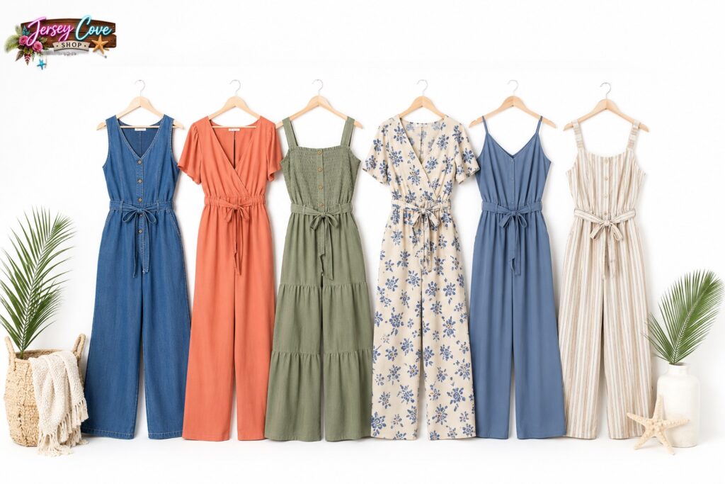 Women’s casual jumpsuits in coastal boutique colors on a white background