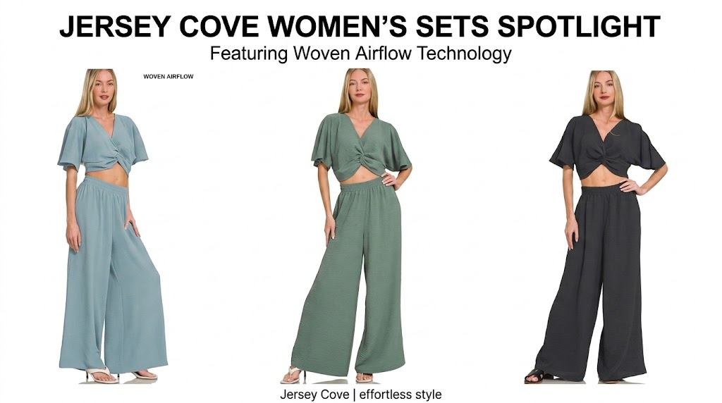 A product collage of the Jersey Cove Woven Airflow Twisted Top & Wide Leg Pants Set. The image features three side-by-side versions of a full-body female model. In the center, she wears the set in Ash Jade (green). On the left, she wears it in Blue Grey. On the right, she wears it in Black.