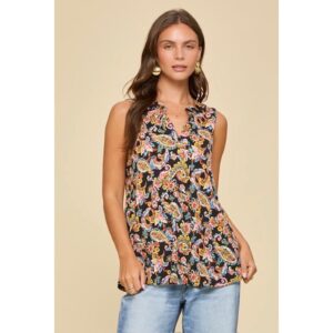 Dear Scarlett - Lizzy Paisley High Contrast Print Sleeveless Top - Medium
