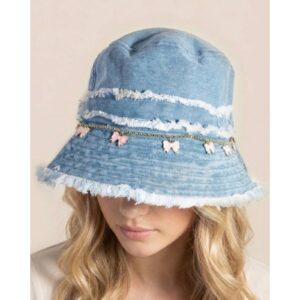 Denim Frayed Bucket Hat with Pink Bows Trim