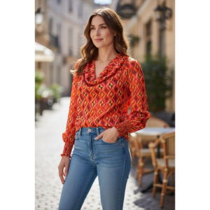 Fate - Cowl Neck Geometrical Blouse with Smocked Long Sleeves - Large