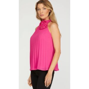 She + Sky - Rosette Halter Neck Pleated Woven Top - Medium