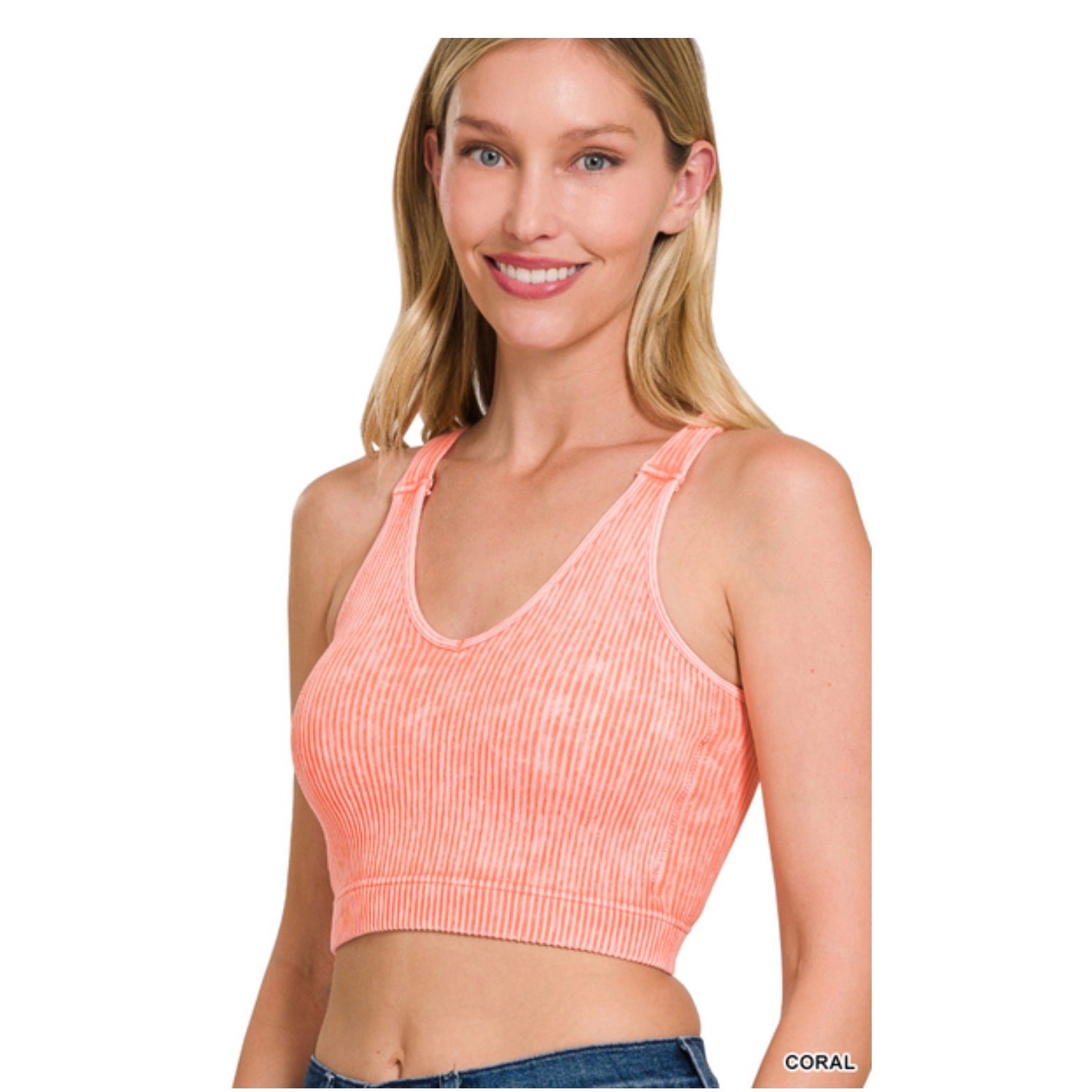 Zenana - Washed Ribbed Seamless Padded Brami - CORAL - S/M