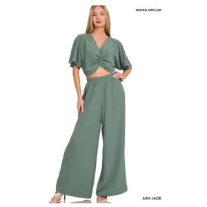 Zenana - Woven Airflow Twisted Top & Wide Leg Pants Set - Large