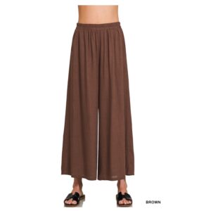 Zenana - Woven Pleated Linen Blend Wide Leg Pants - Small