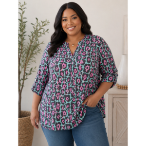 Dear Scarlett - Plus Size Animal Print Lizzy Top with Tab Sleeve - 2X
