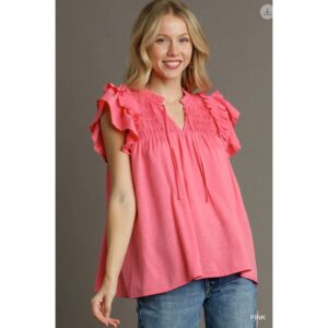 Umgee - Smocked Split Ruffle Neck with Flutter Sleeve Top - Small