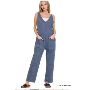 Zenana - Denim Overalls with Adjustable Strap Jumpsuit (Blackberry) - MEDIUM
