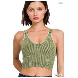 Zenana - Washed Ribbed Seamless Padded Brami Olive Green - S/M