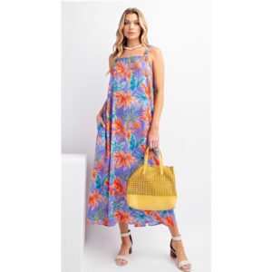 Easel - Tropical Print Mirabelle Satin Maxi Dress - Medium