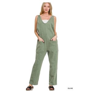 Zenana - Denim Overalls with Adjustable Strap Jumpsuit (Olive) - MEDIUM