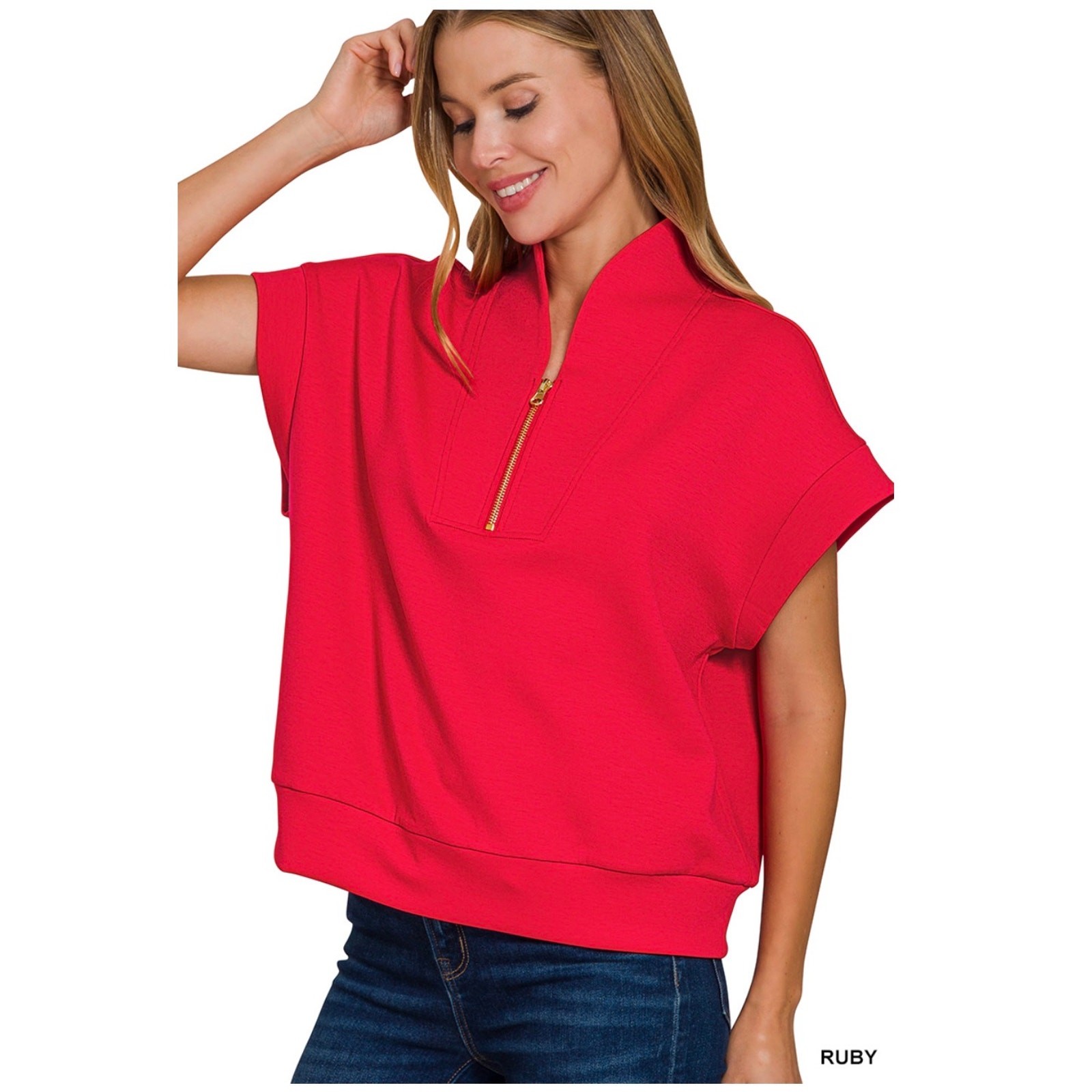 Zenana - Scuba High Neck Half Zip Top - Large/Xlarge - Image 3