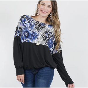 42 Pops - Plus Size Print Color Block Drawstring Top - 1X