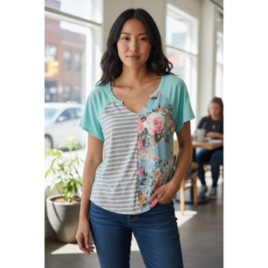 A.Gain - Floral and Stripe French Terry Short Sleeve V-Neck Top - Medium