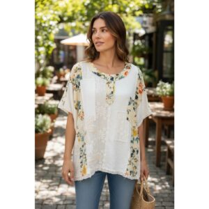 POL - Round Neck Short Sleeve Floral Knit Rib Top - Large