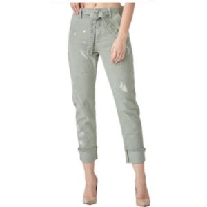 Risen Jeans - Paint Splatter Olive Green Slouch Cropped Jeans - Size 11