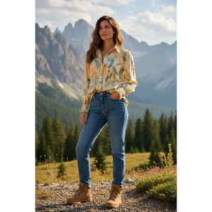 Sage & Sunrise Button Down Blouse with Smock Cuffs - Large