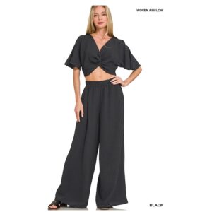 Zenana - Woven Airflow Twisted Top & Wide Leg Pants Set - Medium