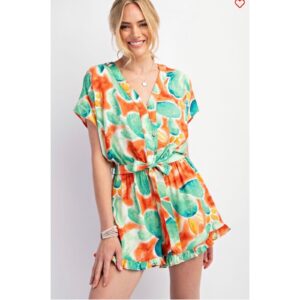 Easel - Tropical Challis Tie Waisted Romper - Medium