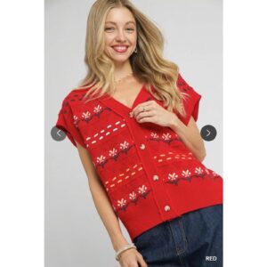 Umgee - Button Down Knit Vest with Floral Pattern - Large