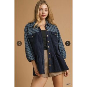 Umgee - Plaid Contrast Corduroy Button Down Shacket - Medium