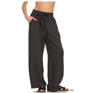 Zenana - Black Woven Crepe Drawstring Pants - Medium