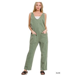 Zenana - Denim Overalls with Adjustable Strap Jumpsuit (Olive) - Small