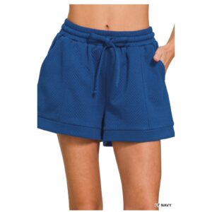 Zenana - Textured Knit Jacquard Drawstring Shorts (Lt Navy) - Large