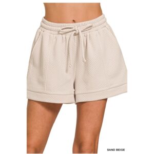 Zenana - Textured Knit Jacquard Drawstring Shorts (Sand Beige) - Large