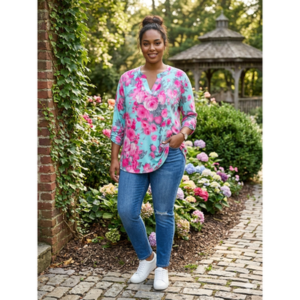 Dear Scarlett - Lizzy Mint Rose Floral 3/4 Length Tab Sleeve - 2X