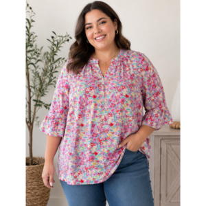 Dear Scarlett - Plus Size Lavender Floral Lizzy Top with Ruffle Sleeve - 3X