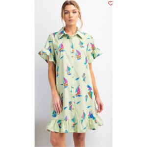 Easel - Sailboat Print Ruffle Shirt Dress - Medium
