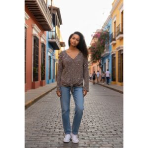 The "Cove Cat" Front Tie Top with Tulip Sleeve - Small