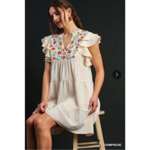 Umgee - Embroidery Split Neck Dress - Large