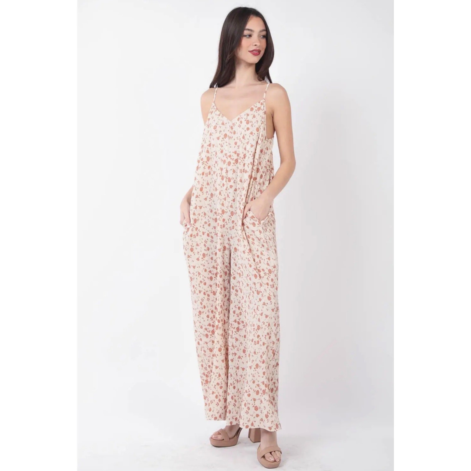 VERY J - Black with White Dots Pleated Wide Leg Jumpsuit w/Pockets - Small - Image 3