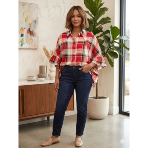 Vine & Love - Plaid Ruffle Poncho Sleeve Button Down Top - Large