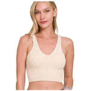 Zenana - Washed Ribbed Seamless Padded Brami - Sand Beige - S/M