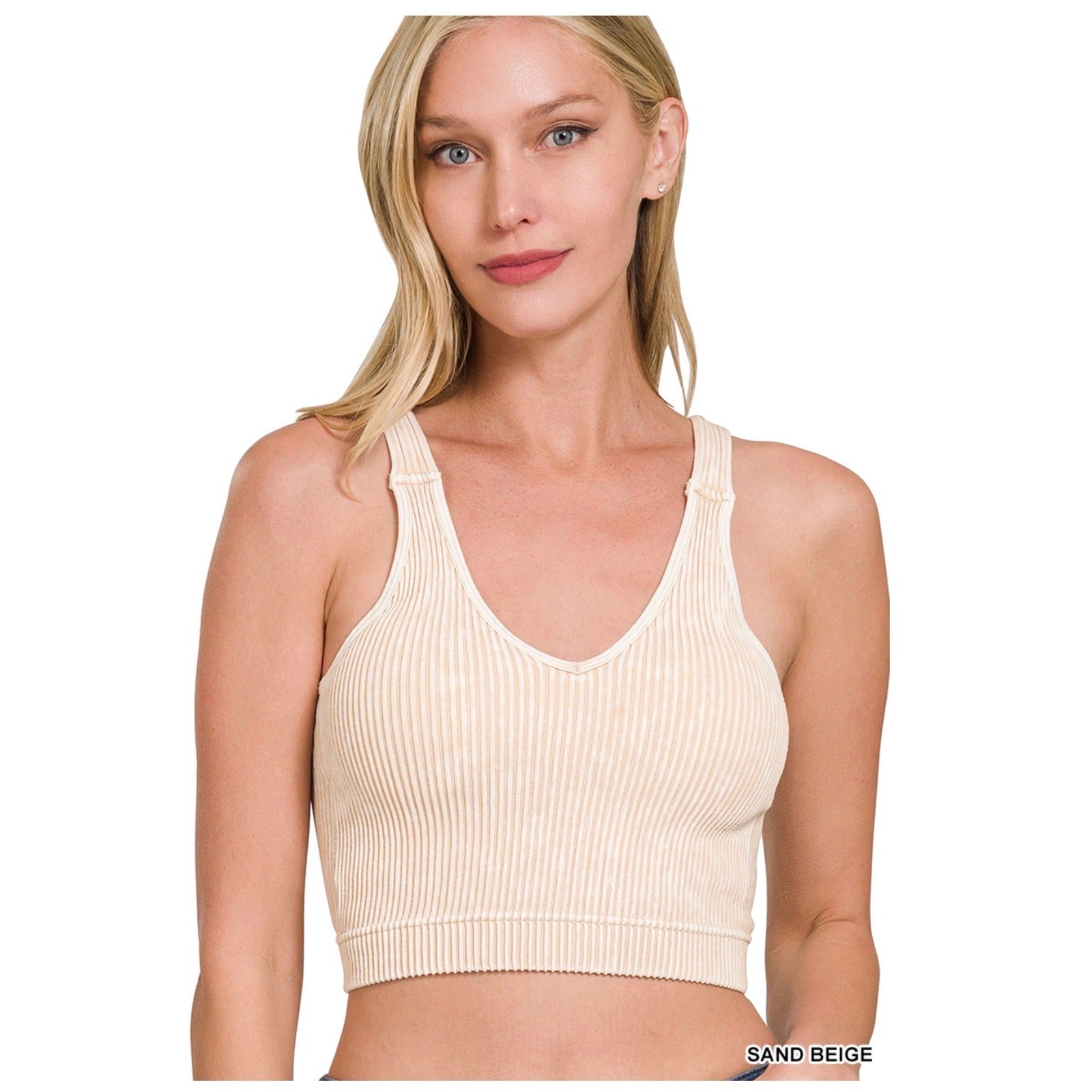 Zenana - Washed Ribbed Seamless Padded Brami - Sand Beige - S/M