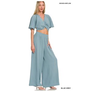 Zenana - Woven Airflow Twisted Top & Wide Leg Pants Set - Small