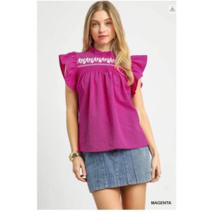 UMGEE Copyright Embroidery Flutter Sleeve Textured Top - Small