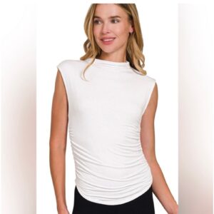 Zenana - Double Layered Ruched Side Mock Neck Top - Medium
