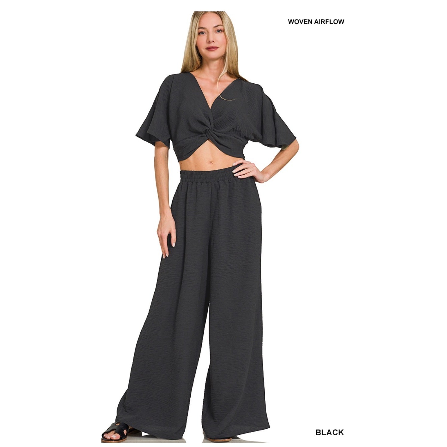 Zenana - Woven Airflow Twisted Top & Wide Leg Pants Set - Small