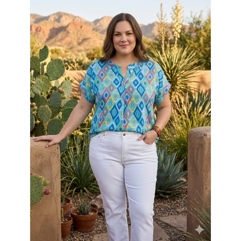 Dear Scarlett - Southwestern Print Lizzy Short Sleeve Tab Top - 2X - Image 3