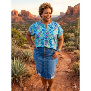 Dear Scarlett - Southwestern Print Lizzy Short Sleeve Tab Top - 2X