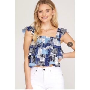 She + Sky - Ruffled Sleeve Handkerchief Printed Top - Medium
