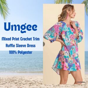 UMGEE - Mixed Print Crochet Trim Ruffle Sleeves Dress - Small