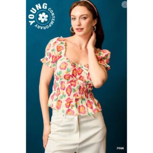 Umgee - Floral Smocked Peplum Blouse - LARGE