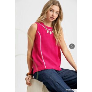 Umgee - Textured Sleeveless Contrast Trim Tops - LARGE