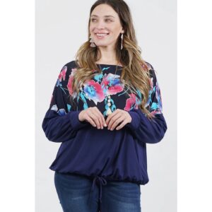 42 Pops - Plus Size Print Color Block Drawstring Top - 1X